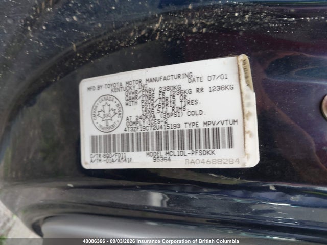40086366 :رقم المزاد ، 4T3ZF19C72U415193 vin ، 2002 Toyota Sienna Ce مزاد بيع