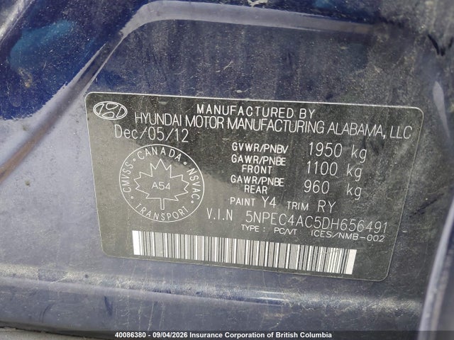 40086380 :رقم المزاد ، 5NPEC4AC5DH656491 vin ، 2013 Hyundai Sonata Se/limited مزاد بيع