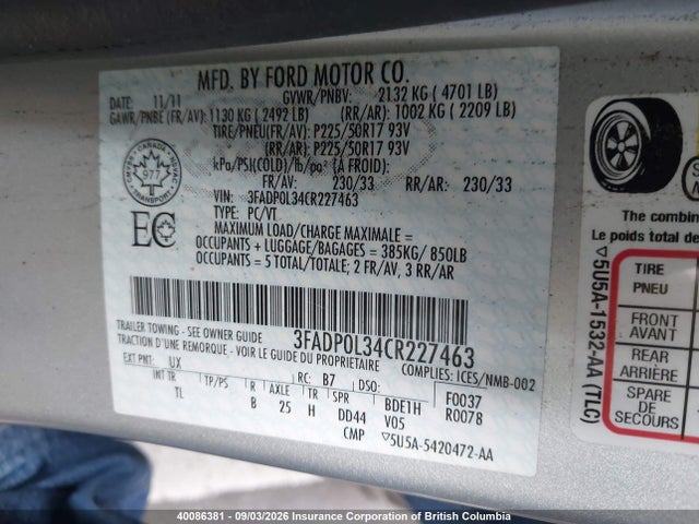 2012 Ford Fusion Hybrid მანქანა იყიდება აუქციონზე, vin: 3FADP0L34CR227463, აუქციონის ნომერი: 40086381