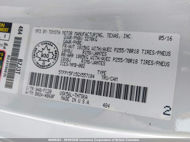 Toyota Tundra Sr 2016 5TFPY5F15GX557184 Image 9