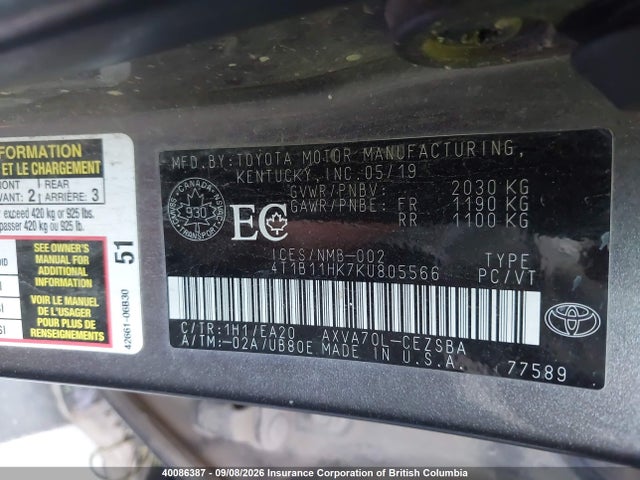 40086387 :رقم المزاد ، 4T1B11HK7KU805566 vin ، 2019 Toyota Camry مزاد بيع