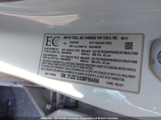 Tesla MODEL 3 2021 5YJ3E1EA3MF994494 Image 9