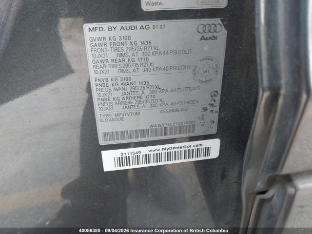40086388 :رقم المزاد ، WA1EY74L27D075761 vin ، 2007 Audi Q7 مزاد بيع