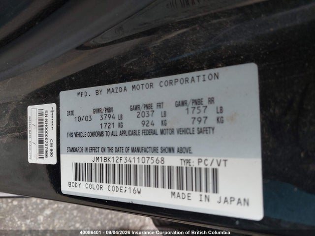Aukcja sprzedaży 2004 Mazda Mazda3 Gs, vin: JM1BK12F341107568, numer aukcji: 40086401