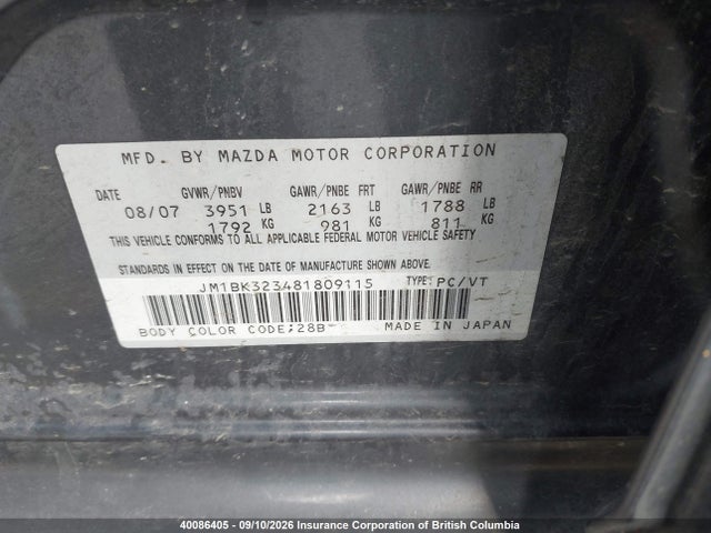 Aukcja sprzedaży 2008 Mazda 3 S, vin: JM1BK323481809115, numer aukcji: 40086405