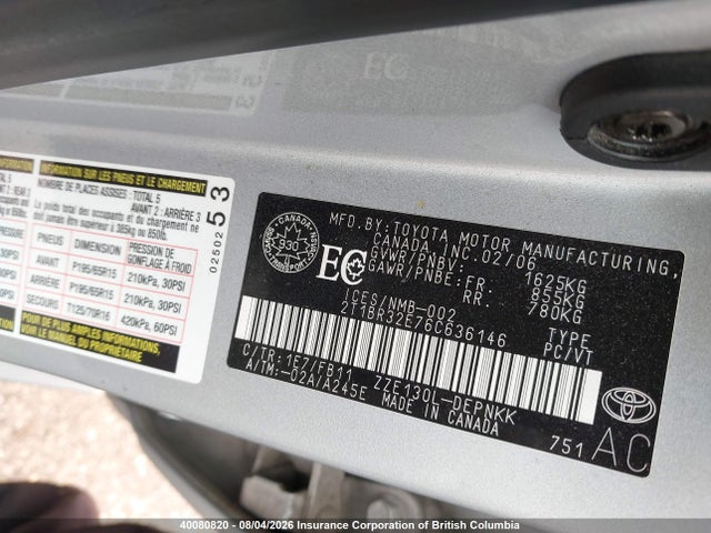 40080820 :رقم المزاد ، 2T1BR32E76C636146 vin ، 2006 Toyota Corolla Ce/le/s مزاد بيع
