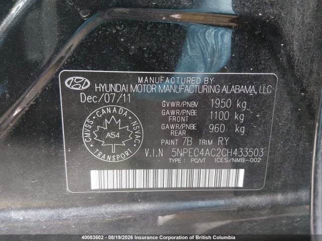 Aukcja sprzedaży 2012 Hyundai Sonata Se/limited, vin: 5NPEC4AC2CH433503, numer aukcji: 40083602