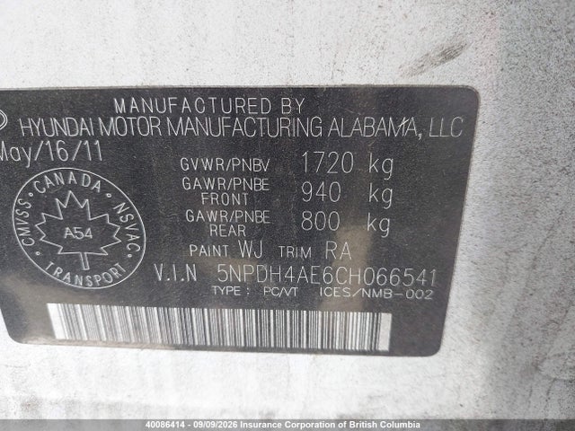 40086414 :رقم المزاد ، 5NPDH4AE6CH066541 vin ، 2012 Hyundai Elantra Gl مزاد بيع