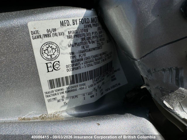 40086415 :رقم المزاد ، 1FAHP35NX9W238832 vin ، 2009 Ford Focus مزاد بيع