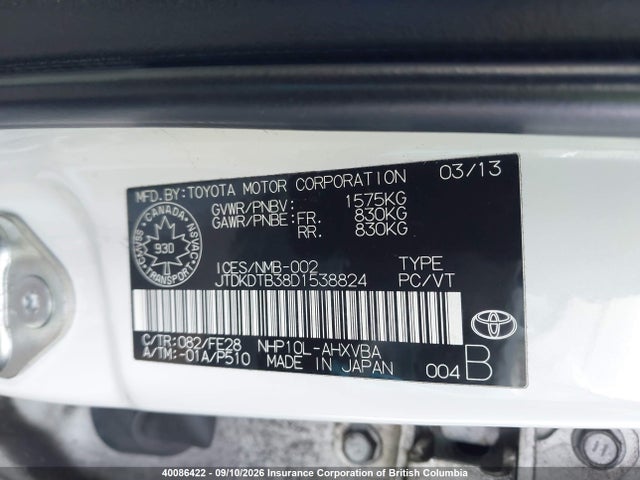 Продаж на аукціоні авто 2013 Toyota Prius, vin: JTDKDTB38D1538824, номер лоту: 40086422