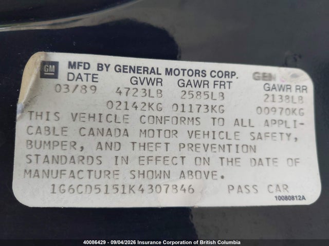 40086429 :رقم المزاد ، 1G6CD5151K4307846 vin ، 1989 Cadillac Deville مزاد بيع