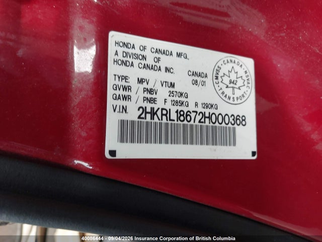 40086444 :رقم المزاد ، 2HKRL18672H000368 vin ، 2002 Honda Odyssey Ex مزاد بيع