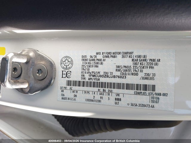 Продаж на аукціоні авто 2020 Ford Escape Titanium, vin: 1FMCU0DZ8LUB76023, номер лоту: 40086453