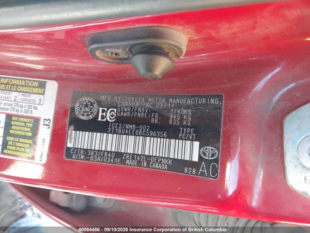 40084456 :رقم المزاد ، 2T1BU4EE0BC596356 vin ، 2011 Toyota Corolla S/le مزاد بيع