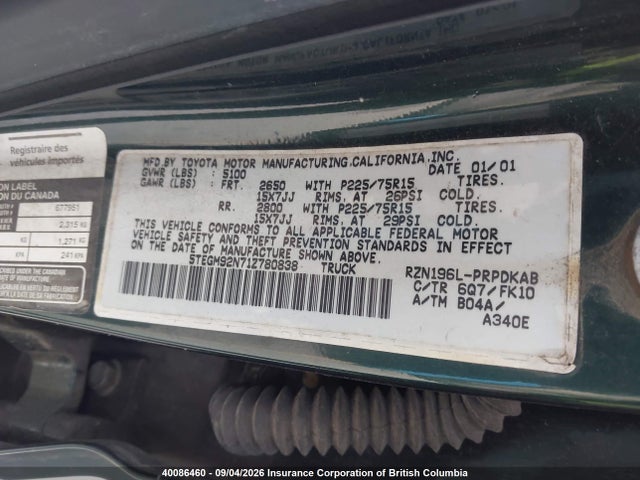 40086460 :رقم المزاد ، 5TEGM92N71Z780838 vin ، 2001 Toyota Tacoma Double Cab Prerunner مزاد بيع