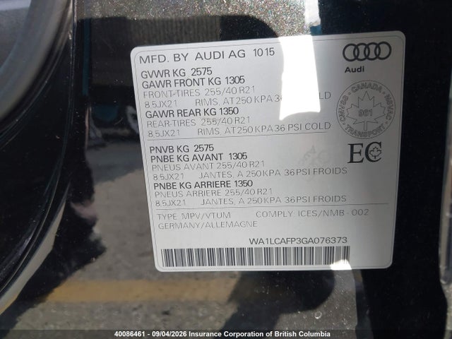 Aukcja sprzedaży 2016 Audi Sq5, vin: WA1LCAFP3GA076373, numer aukcji: 40086461