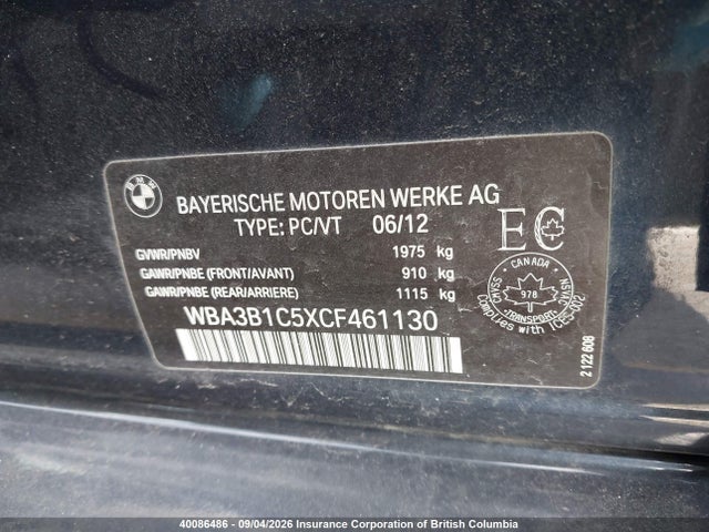 Продаж на аукціоні авто 2012 Bmw 320i, vin: WBA3B1C5XCF461130, номер лоту: 40086486