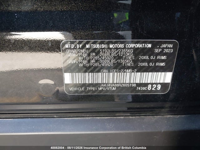 40082004 :رقم المزاد ، JA4J4VA86RZ605198 vin ، 2024 Mitsubishi Outlander Se/black Edition/ralliart مزاد بيع