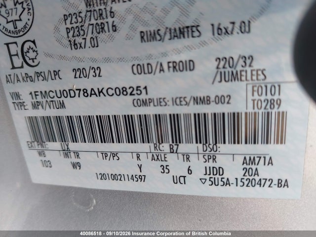 Продажа на аукционе авто 2010 Ford Escape Xlt, vin: 1FMCU0D78AKC08251, номер лота: 40086518