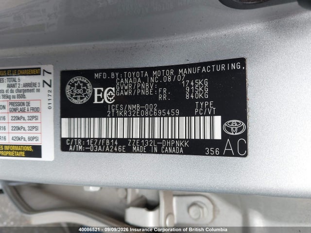 40086521 :رقم المزاد ، 2T1KR32E08C695459 vin ، 2008 Toyota Corolla Matrix Xr مزاد بيع