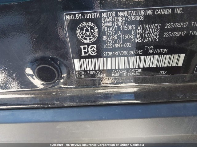2T3B1RFV3RC397615 Toyota RAV4 LE