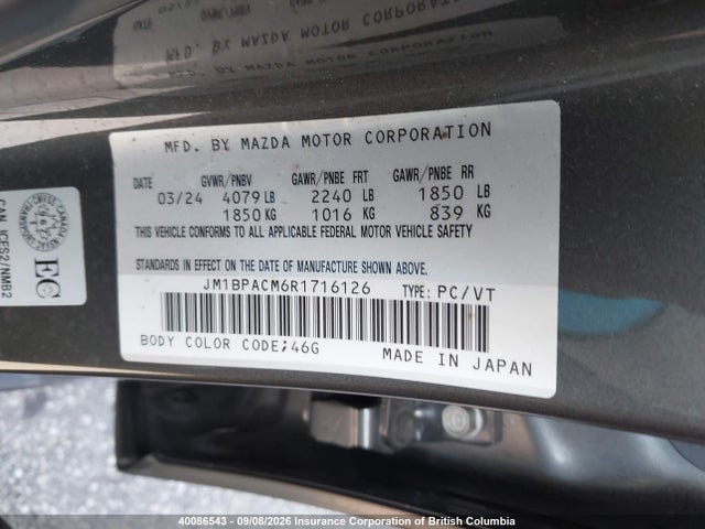 40086543 :رقم المزاد ، JM1BPACM6R1716126 vin ، 2024 Mazda Mazda3 Gs مزاد بيع