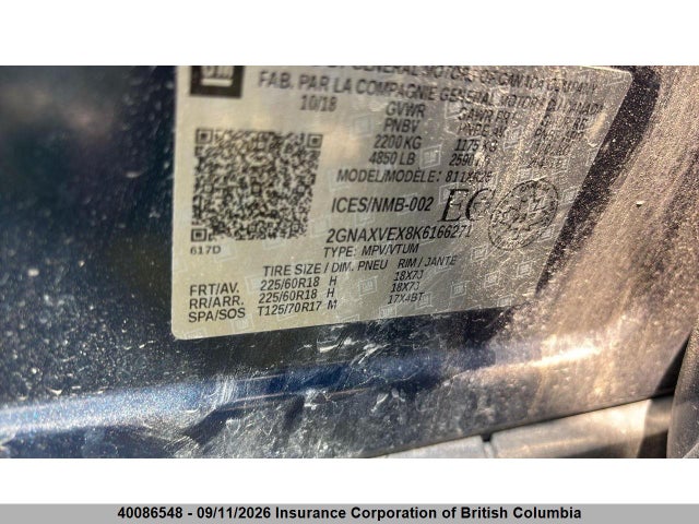 Aukcja sprzedaży 2019 Chevrolet Equinox Lt, vin: 2GNAXVEX8K6166271, numer aukcji: 40086548