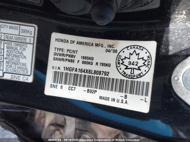 Aukcja sprzedaży 2006 Honda Civic Lx, vin: 1HGFA164X6L808792, numer aukcji: 40083754