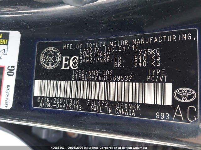 40086563 :رقم المزاد ، 2T1BURHE8GC669537 vin ، 2016 Toyota Corolla L/le/le Pls/prm/s/s Pls مزاد بيع