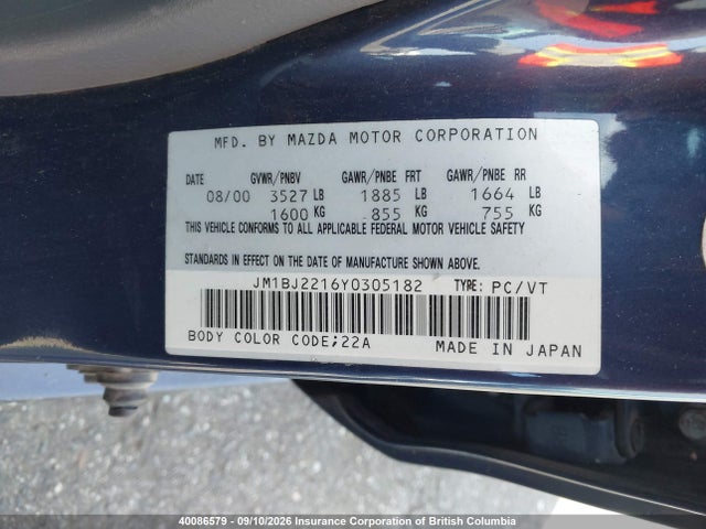 Aukcja sprzedaży 2000 Mazda Protege Es, vin: JM1BJ2216Y0305182, numer aukcji: 40086579