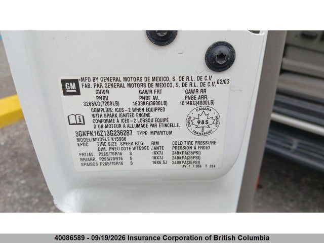 2003 Gmc Yukon მანქანა იყიდება აუქციონზე, vin: 3GKFK16Z13G236287, აუქციონის ნომერი: 40086589