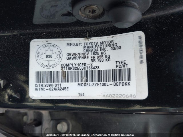 40086591 :رقم المزاد ، 2T1BR32E53C766423 vin ، 2003 Toyota Corolla Ce/le/sport مزاد بيع