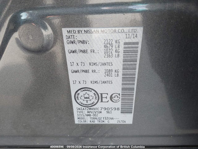 2015 Nissan Rogue მანქანა იყიდება აუქციონზე, vin: 5N1AT2MVXFC790598, აუქციონის ნომერი: 40086596