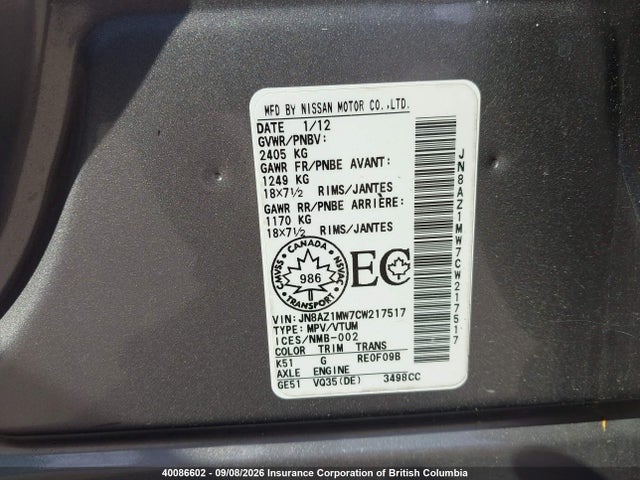 2012 Nissan Murano Sl მანქანა იყიდება აუქციონზე, vin: JN8AZ1MW7CW217517, აუქციონის ნომერი: 40086602