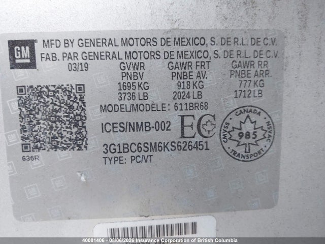 3G1BC6SM6KS626451 Chevrolet CRUZE LS