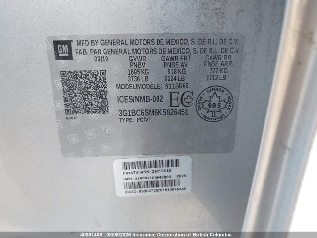3G1BC6SM6KS626451 Chevrolet CRUZE LS