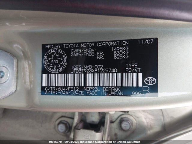 Aukcja sprzedaży 2008 Toyota Yaris, vin: JTDBT923X81225740, numer aukcji: 40086379