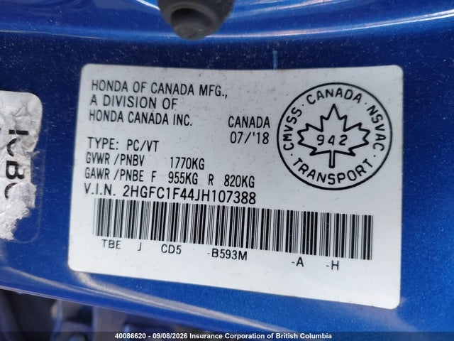 Honda Civic 2018 2HGFC1F44JH107388 Image 9
