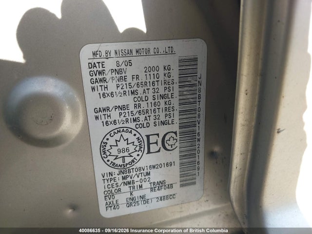 Aukcja sprzedaży 2006 Nissan X-trail Xe/se, vin: JN8BT08V16W201691, numer aukcji: 40086635