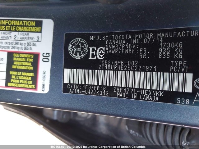 Toyota COROLLA LE 2014 2T1BURHE2EC221971 Image 9