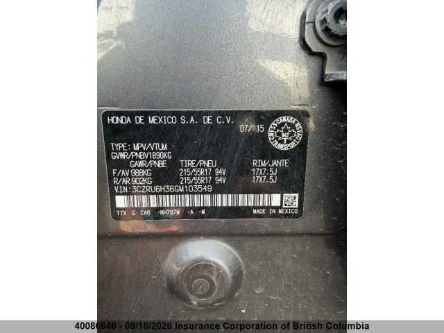 2016 Honda Hr-v მანქანა იყიდება აუქციონზე, vin: 3CZRU6H36GM103549, აუქციონის ნომერი: 40086646