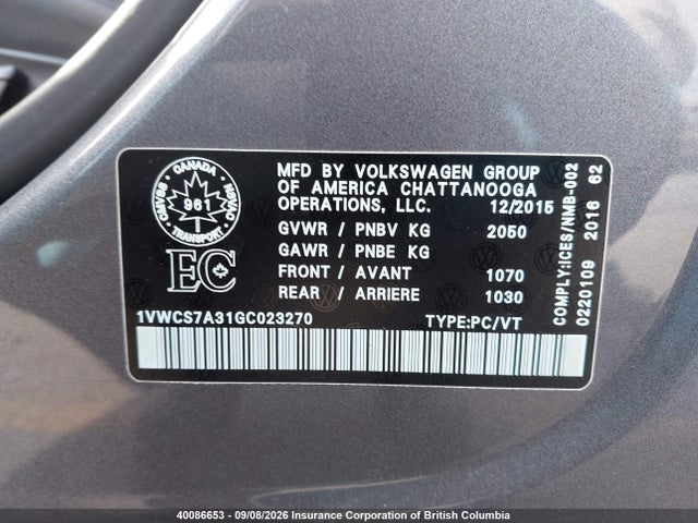 40086653 :رقم المزاد ، 1VWCS7A31GC023270 vin ، 2016 Volkswagen Passat 1.8 Tsi Highline مزاد بيع