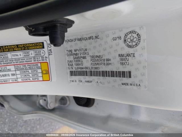 Honda CR-V 2016 5J6RM4H99GL803883 Image 9