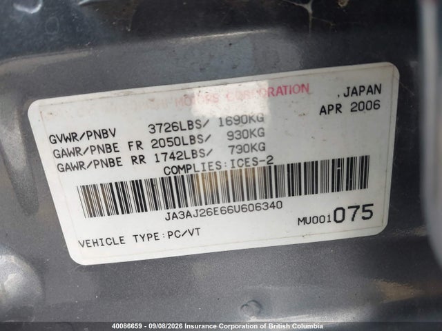 40086659 :رقم المزاد ، JA3AJ26E66U606340 vin ، 2006 Mitsubishi Lancer Es مزاد بيع