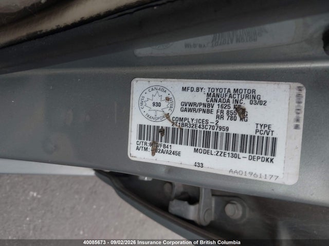 40085673 :رقم المزاد ، 2T1BR32E43C707959 vin ، 2003 Toyota Corolla Ce/le/s مزاد بيع