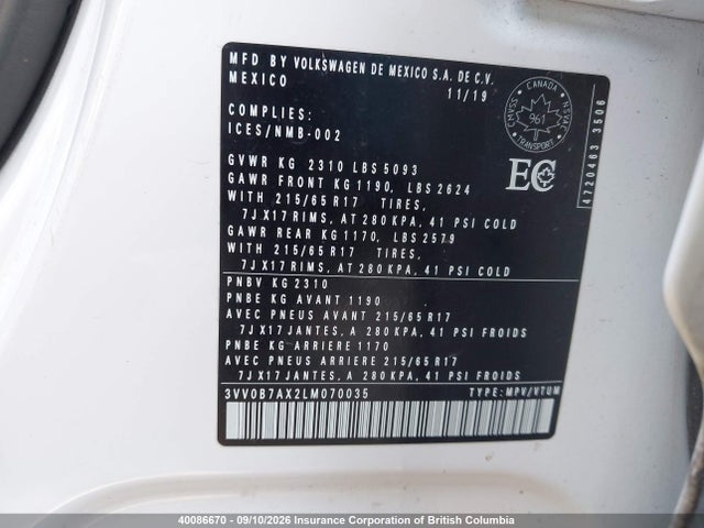 Aukcja sprzedaży 2020 Volkswagen Tiguan S, vin: 3VV0B7AX2LM070035, numer aukcji: 40086670