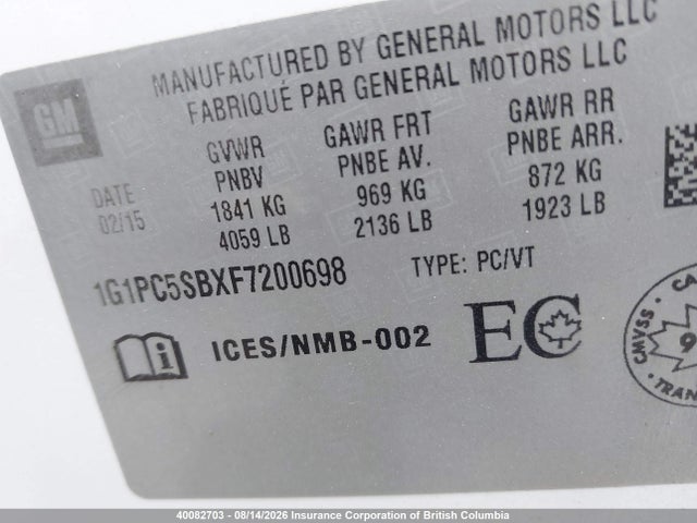 40082703 :رقم المزاد ، 1G1PC5SBXF7200698 vin ، 2015 Chevrolet Cruze Lt مزاد بيع