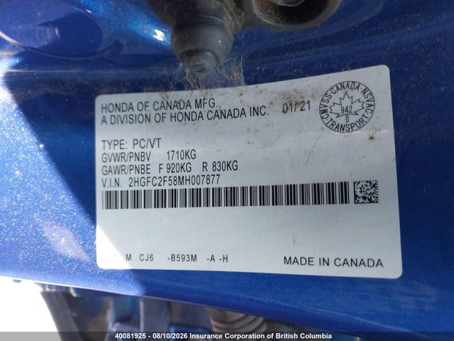 2021 Honda Civic Lx მანქანა იყიდება აუქციონზე, vin: 2HGFC2F58MH007877, აუქციონის ნომერი: 40081925