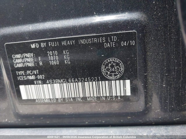 Aukcja sprzedaży 2010 Subaru Legacy 2.5i Limited, vin: 4S3BMGL66A3245231, numer aukcji: 40081621