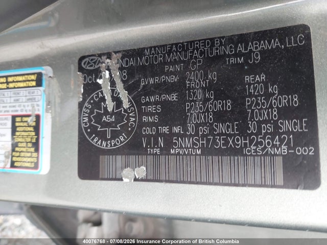 40076768 :رقم المزاد ، 5NMSH73EX9H256421 vin ، 2009 Hyundai Santa Fe Se/limited مزاد بيع